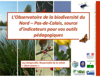 L’Observatoire de la biodiversité du
   Nord – Pas-de-Calais, source
   d’indicateurs pour vos outils
          pédagogiques




     Lou Dengreville, Responsable de la cellule
     « Observatoire »

                                                  1
 