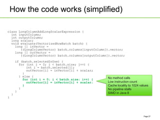 How the code works (simplified)
Page 27
class LongColumnAddLongScalarExpression {
int inputColumn;
int outputColumn;
long scalar;
void evaluate(VectorizedRowBatch batch) {
long [] inVector =
((LongColumnVector) batch.columns[inputColumn]).vector;
long [] outVector =
((LongColumnVector) batch.columns[outputColumn]).vector;
if (batch.selectedInUse) {
for (int j = 0; j < batch.size; j++) {
int i = batch.selected[j];
outVector[i] = inVector[i] + scalar;
}
} else {
for (int i = 0; i < batch.size; i++) {
outVector[i] = inVector[i] + scalar;
}
}
}
}
}
No method calls
Low instruction count
Cache locality to 1024 values
No pipeline stalls
SIMD in Java 8
 