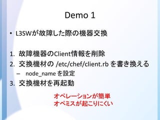 Demo 1
• L3SWが故障した際の機器交換
1. 故障機器のClient情報を削除
2. 交換機材の /etc/chef/client.rb を書き換える
– node_name を設定
3. 交換機材を再起動
オペレーションが簡単
オペミスが起こりにくい
 
