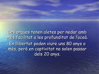 Les orques tenen aletes per nedar ambLes orques tenen aletes per nedar amb
més facilitat a les profunditat de l’oceà.més facilitat a les profunditat de l’oceà.
En llibertat poden viure uns 80 anys oEn llibertat poden viure uns 80 anys o
més, però en captivitat no solen passarmés, però en captivitat no solen passar
dels 20 anys.dels 20 anys.
 