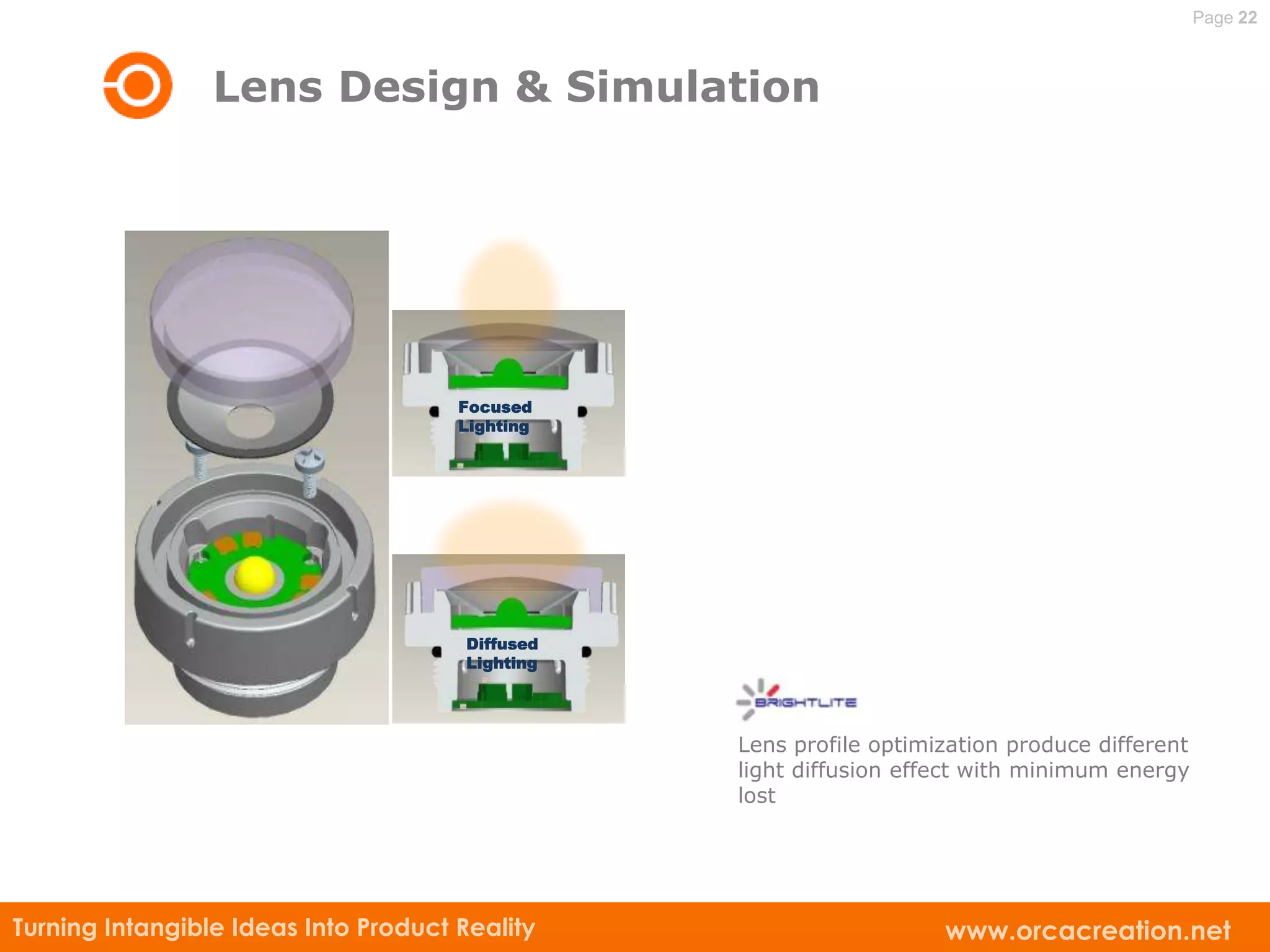 Page 22



                 Lens Design & Simulation




                                      Focused
                                      Lighting




                                       Diffused
                                       Lighting




                                                  Lens profile optimization produce different
                                                  light diffusion effect with minimum energy
                                                  lost




Turning Intangible Ideas Into Product Reality                        www.orcacreation.net
 