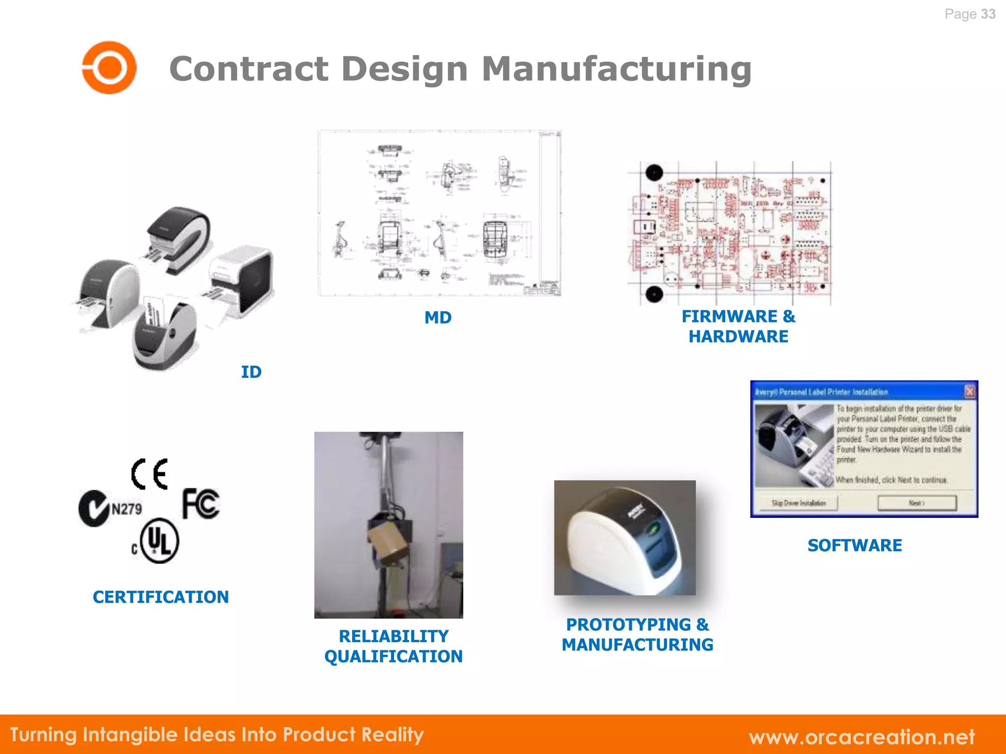 Page 33



                 Contract Design Manufacturing




                                            MD              FIRMWARE &
                                                             HARDWARE

                         ID




                                                                         SOFTWARE


        CERTIFICATION
                                                  PROTOTYPING &
                                   RELIABILITY
                                                  MANUFACTURING
                                  QUALIFICATION



Turning Intangible Ideas Into Product Reality                     www.orcacreation.net
 