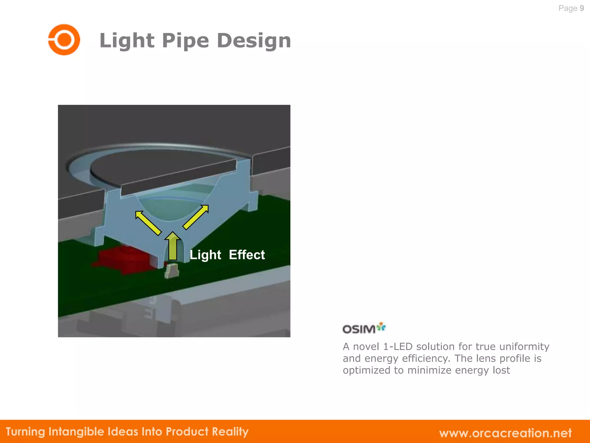 Page 9



                 Light Pipe Design




                                 Light Effect




                                                A novel 1-LED solution for true uniformity
                                                and energy efficiency. The lens profile is
                                                optimized to minimize energy lost




Turning Intangible Ideas Into Product Reality                      www.orcacreation.net
 