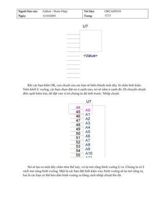 Người báo cáo:    Falleaf – Đoàn Hiệp          Tài liệu:     ORCAD03.01 
Ngày:             11/10/2005                   Trang:        12/21 




                                                                       
      Khi các bạn bấm OK, con chuột của các bạn sẽ biến thành một dãy 16 chân linh kiện. 
   Trên khối U vuông, các bạn chọn đặt nó ở cạnh nào, nó sẽ nằm ở cạnh đó. Di chuyển chuột 
   đến cạnh biên trái, để đặt vào vị trí chúng ta đã tính trước. Nhấp chuột. 




                                                                           
          
       Nó sẽ tạo ra một dãy chân như thế này, và tự mở rộng hình vuông U ra. Chúng ta có 2 
   cách mở rộng hình vuông. Một là các bạn đặt linh kiện vào, hình vuông sẽ tự mở rộng ra, 
   hai là các bạn có thể kéo dãn hình vuông ra bằng cách nhấp chuột lên đó. 
          
 