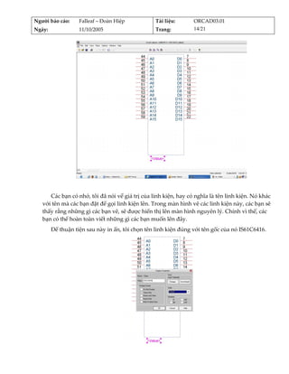 Người báo cáo:      Falleaf – Đoàn Hiệp            Tài liệu:      ORCAD03.01 
Ngày:               11/10/2005                     Trang:         14/21 




                                                                                        
          
      Các bạn có nhớ, tôi đã nói về giá trị của linh kiện, hay có nghĩa là tên linh kiện. Nó khác 
   với tên mà các bạn đặt để gọi linh kiện lên. Trong màn hình vẽ các linh kiện này, các bạn sẽ 
   thấy rằng những gì các bạn vẽ, sẽ được hiển thị lên màn hình nguyên lý. Chính vì thế, các 
   bạn có thể hoàn toàn viết những gì các bạn muốn lên đây. 
         Để thuận tiện sau này in ấn, tôi chọn tên linh kiện đúng với tên gốc của nó IS61C6416. 




                                                                     
          
 