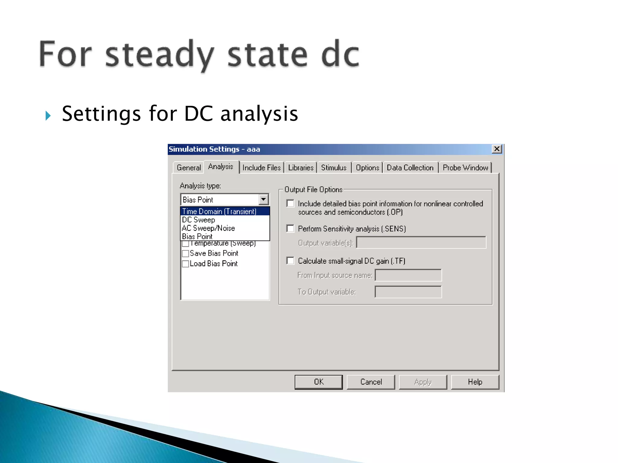  Settings for DC analysis
 