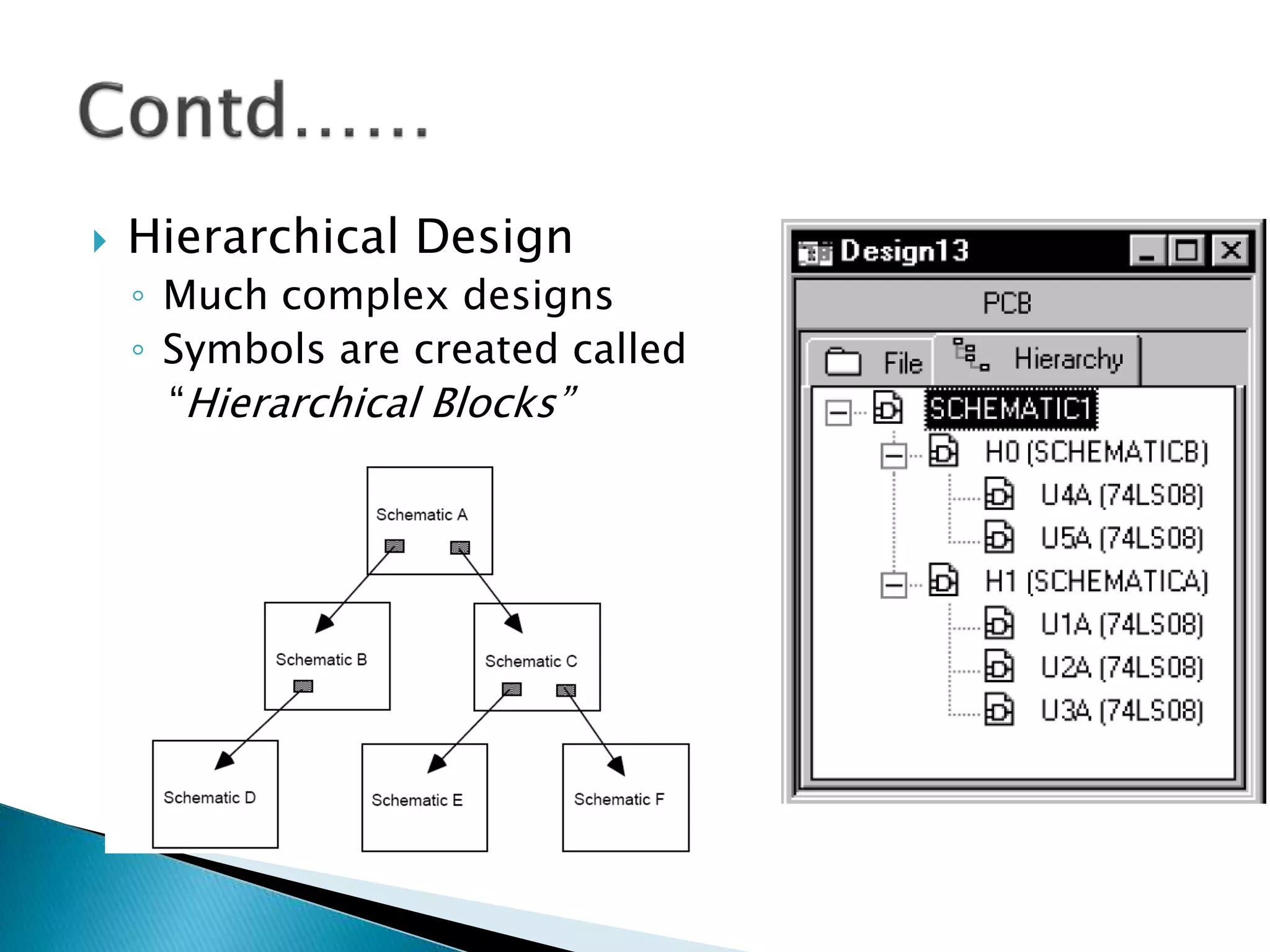  Hierarchical Design
◦ Much complex designs
◦ Symbols are created called
“Hierarchical Blocks”
 