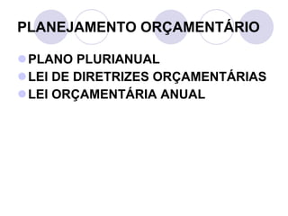 PLANEJAMENTO ORÇAMENTÁRIO PLANO PLURIANUAL LEI DE DIRETRIZES ORÇAMENTÁRIAS LEI ORÇAMENTÁRIA ANUAL 