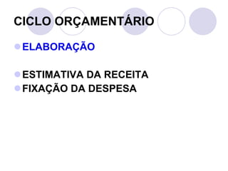 ELABORAÇÃO ESTIMATIVA DA RECEITA FIXAÇÃO DA DESPESA CICLO ORÇAMENTÁRIO 