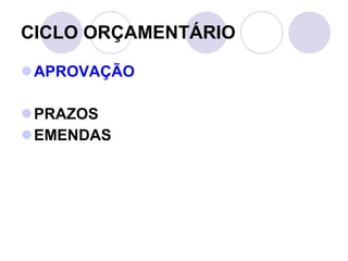 CICLO ORÇAMENTÁRIO APROVAÇÃO PRAZOS EMENDAS 