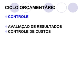 CICLO ORÇAMENTÁRIO CONTROLE AVALIAÇÃO DE RESULTADOS CONTROLE DE CUSTOS 