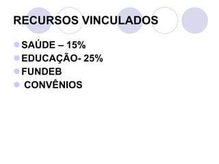 RECURSOS VINCULADOS SAÚDE – 15% EDUCAÇÃO- 25% FUNDEB  CONVÊNIOS 