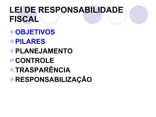 OBJETIVOS PILARES PLANEJAMENTO CONTROLE TRASPARÊNCIA RESPONSABILIZAÇÃO LEI DE RESPONSABILIDADE FISCAL 