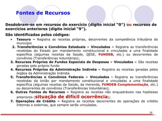 Desdobram-se em recursos do exercício (dígito inicial “0”)  ou  recursos de exercícios anteriores (dígito inicial “9”). São identificadas pelos códigos: Tesouro –  Registra as receitas próprias, decorrentes da competência tributária do município  2. Transferências e Convênios Estaduais – Vinculados –  Registra as transferências recebidas do Estado por mandamento constitucional e vinculadas a uma finalidade específica (algumas receitas da Saúde, QESE,  FUNDEB,  etc.) ou decorrentes de convênios (Transferências Voluntárias); 3. Recursos Próprios de Fundos Especiais de Despesas – Vinculados –  São receitas geradas pelo próprio fundo  4. Recursos Próprios da Administração Indireta –  Registra as receitas geradas pelos órgãos da Administração Indireta 5. Transferências e Convênios Federais – Vinculados -  Registra as transferências recebidas da União por mandamento constitucional e vinculadas a uma finalidade específica (algumas receitas da Saúde, da merenda,  FUNDEB Complementação , etc.) ou decorrentes de convênios (Transferências Voluntárias); 6. Outras Fontes de Recursos –  Registra as receitas não enquadráveis nas hipóteses anteriores ( situação de difícil ocorrência ); 7. Operações de Crédito –  Registra as receitas decorrentes de operações de crédito Internas e externas, que sempre serão vinculadas. Fontes de Recursos 