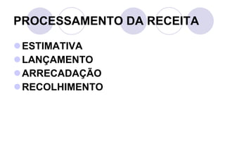 PROCESSAMENTO DA RECEITA ESTIMATIVA  LANÇAMENTO ARRECADAÇÃO RECOLHIMENTO 