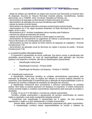                                
Apostila: Orçamento e Contabilidade Pública – por Profº Alexandre Freitas
15
- tabela de códigos que identificam as origens dos recursos que financiarão os diversos itens
de despesas: recursos do Tesouro Municipal (receitas próprias, transferências, receitas
patrimoniais, etc.), FUNDEF, SUS, Convênios, Royalties do Petróleo, etc.
- demonstrativo da aplicação na Manutenção e Desenvolvimento do Ensino;
- demonstrativo da aplicação dos recursos transferidos pelo FUNDEF;
- cálculo da receita corrente líquida;
- demonstrativo da despesa pessoal e encargos sociais/receita corrente líquida;
- demonstrativo do nº de vagas escolares existentes na Rede Municipal de Educação, por
região, se for o caso;
- demonstrativo do nº de leitos hospitalares ativos mantidos pela Prefeitura;
- memória de cálculo da estimativa de receita;
- relação de beneficiários dos precatórios a serem pagos no exercício;
- demonstrativo do financiamento do pagamento de inativos e pensionistas: participação do
Tesouro Municipal e de Contribuições dos servidores;
- demonstrativo da base de cálculo do limite máximo de despesas do Legislativo - Emenda
Constitucional nº 25;
- demonstrativo da aplicação anual do Município em ações e serviços de saúde – Emenda
Constitucional nº 29.
4- CLASSIFICAÇÕES ORÇAMENTÁRIAS
O orçamento é apresentado de forma codificada. Sua leitura conduz à identificação das
prioridades governamentais, do nível de responsabilidade pela aplicação dos recursos
públicos e do respectivo montante. São três as classificações orçamentárias:
• Classificação Institucional
• Classificação Funcional – Portaria 42/99
• Classificação da Receita e da Despesa – Portaria nº 163/2001
4.1- Classificação Institucional
A classificação institucional identifica as unidades administrativas responsáveis pela
execução da despesa, ou seja, os órgãos que utilizam os recursos públicos alocados ao
orçamento. Esta classificação é fundamental para a definição de responsabilidades e para os
processos de controle e avaliação de resultados da utilização dos recursos.
A classificação institucional deve acompanhar a estrutura administrativa da entidade
pública. Nem todos os setores aparecem em destaque no orçamento. O critério institucional
mostra somente órgãos e unidades orçamentárias responsáveis pela execução de projetos e
atividades.
O artigo 14 da Lei nº 4.320 define o conceito de unidade orçamentária:
“Constitui unidade orçamentária o agrupamento de serviços subordinados ao mesmo
órgão ou repartição a que serão consignadas dotações próprias”.
Usualmente esta classificação é representada por 4 dígitos. Os dois primeiros
representam o órgão e os dois subseqüentes a unidade orçamentária.
Através deles, identifica-se o nível diretamente responsável pelo gasto orçamentário.
A representação numérica destas responsabilidades irá compor o cadastro de
 