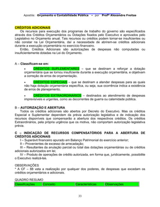                                
Apostila: Orçamento e Contabilidade Pública – por Profº Alexandre Freitas
33
CRÉDITOS ADICIONAIS
Os recursos para execução dos programas de trabalho do governo são especificados
através dos Créditos Orçamentários ou Dotações fixados pelo Executivo e aprovados pelo
Legislativo no Orçamento anual. Tais recursos ou créditos podem tornar-se insuficientes ou
não constar na Lei Orçamentária, daí a necessidade de abrirem-se créditos adicionais
durante a execução orçamentária no exercício financeiro.
Então, Créditos Adicionais são autorizações de despesas não computadas ou
insuficientemente dotadas na Lei do Orçamento.
A – Classificam-se em:
• CRÉDITOS SUPLEMENTARES – que se destinam a reforçar a dotação
orçamentária que se tornou insuficiente durante a execução orçamentária, e objetivam
a correção de erros de orçamentação.
• CRÉDITOS ESPECIAIS – que se destinam a atender despesas para as quais
não haja dotação orçamentária específica, ou seja, sua ocorrência indica a existência
de erros de planejamento.
• CRÉDITOS EXTRAORDINÁRIOS – destinados ao atendimento de despesas
imprevisíveis e urgentes, como as decorrentes de guerra ou calamidade pública.
B – AUTORIZAÇÃO E ABERTURA
Todos os créditos adicionais são abertos por Decreto do Executivo. Mas os créditos
Especial e Suplementar dependem da prévia autorização legislativa e de indicação dos
recursos disponíveis que compensarão a abertura dos respectivos créditos. Os créditos
Extraordinários, pela própria urgência que os motiva, não comportam autorização legislativa
prévia.
C – INDICAÇÃO DE RECURSOS COMPENSATÓRIOS PARA A ABERTURA DE
CRÉDITOS ADICIONAIS
I – Superávit financeiro apurado em Balanço Patrimonial do exercício anterior;
II – Provenientes de excesso de arrecadação;
III – Resultantes da anulação parcial ou total das dotações orçamentárias ou de créditos
adicionais autorizados em lei;
IV – Produto de operações de crédito autorizada, em forma que, juridicamente, possibilite
o Executivo realizá-las.
OBSERVAÇÕES
* A CF – 88 veta a realização por qualquer dos poderes, de despesas que excedam os
créditos orçamentários e adicionais.
QUADRO RESUMO
Classificações Conceito Características Observações
 
