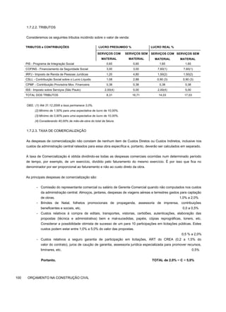 1.7.2.2. TRIBUTOS
Consideremos os seguintes tributos incidindo sobre o valor de venda:
TRIBUTOS e CONTRIBUIÇÕES LUCRO PRESUMIDO % LUCRO REAL %
SERVIÇOS COM
MATERIAL
SERVIÇOS SEM
MATERIAL
SERVIÇOS COM
MATERIAL
SERVIÇOS SEM
MATERIAL
PIS - Programa de Integração Social 0,65 0,65 1,65 1,65
COFINS - Financiamento da Seguridade Social 3,00 3,00 7,60(1) 7,60(1)
IRPJ - Imposto de Renda de Pessoas Jurídicas 1,20 4,80 1,50(2) 1,50(2)
CSLL - Contribuição Social sobre o Lucro Líquido 1,08 2,88 0,90 (3) 0,90 (3)
CPMF - Contribuição Provisória Mov. Financeira 0,38 0,38 0,38 0,38
ISS - Imposto sobre Serviços (São Paulo) 2,00(4) 5,00 2,00(4) 5,00
TOTAL DOS TRIBUTOS 8,31 16,71 14,03 17,03
OBS.: (1) Até 31.12.2006 a taxa permanece 3,0%.
(2) Mínimo de 1,50% para uma expectativa de lucro de 10,00%.
(3) Mínimo de 0,90% para uma expectativa de lucro de 10,00%.
(4) Considerando 40,00% de mão-de-obra do total da fatura.
1.7.2.3. TAXA DE COMERCIALIZAÇÃO
As despesas de comercialização não constam de nenhum item de Custos Diretos ou Custos Indiretos, inclusive nos
custos da administração central rateados para essa obra específica e, portanto, deverão ser calculados em separado.
A taxa de Comercialização é obtida dividindo-se todas as despesas comerciais ocorridas num determinado período
de tempo, por exemplo, de um exercício, dividido pelo faturamento do mesmo exercício. É por isso que fica no
denominador por ser proporcional ao faturamento e não ao custo direto da obra.
As principais despesas de comercialização são:
- Comissão do representante comercial ou salário de Gerente Comercial quando não computados nos custos
da administração central. Almoços, jantares, despesas de viagens aéreas e terrestres gastos para captação
de obras. 1,0% a 2,0%
- Brindes de Natal, folhetos promocionais de propaganda, assessoria de imprensa, contribuições
beneficentes e sociais, etc. 0,0 a 0,5%
- Custos relativos à compra de editais, transportes, vistorias, certidões, autenticações, elaboração das
propostas (técnica e administrativa) bem e mal-sucedidas, papéis, cópias reprográficas, toners, etc.
Considerar a possibilidade otimista de sucesso de um para 10 participações em licitações públicas. Estes
custos podem estar entre 1,0% a 5,0% do valor das propostas.
0,5 % a 2,0%
- Custos relativos a seguro garantia de participação em licitações, ART do CREA (0,2 a 1,5% do
valor do contrato), juros de caução de garantia, assessoria jurídica especializada para promover recursos,
liminares, etc. 0,5%
Portanto, TOTAL de 2,0% = C = 5,0%
100 ORÇAMENTO NA CONSTRUÇÃO CIVIL
 