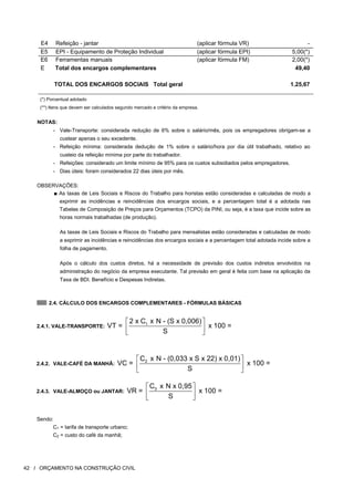 E4 Refeição - jantar (aplicar fórmula VR) -
E5 EPI - Equipamento de Proteção Individual (aplicar fórmula EPI) 5,00(*)
E6 Ferramentas manuais (aplicar fórmula FM) 2,00(*)
E Total dos encargos complementares 49,40
TOTAL DOS ENCARGOS SOCIAIS Total geral 1.25,67
(*) Porcentual adotado
(**) Itens que devem ser calculados segundo mercado e critério da empresa.
NOTAS:
- Vale-Transporte: considerada redução de 6% sobre o salário/mês, pois os empregadores obrigam-se a
custear apenas o seu excedente.
- Refeição mínima: considerada dedução de 1% sobre o salário/hora por dia útil trabalhado, relativo ao
custeio da refeição mínima por parte do trabalhador.
- Refeições: considerado um limite mínimo de 95% para os custos subsidiados pelos empregadores.
- Dias úteis: foram considerados 22 dias úteis por mês.
OBSERVAÇÕES:
■ As taxas de Leis Sociais e Riscos do Trabalho para horistas estão consideradas e calculadas de modo a
exprimir as incidências e reincidências dos encargos sociais, e a percentagem total é a adotada nas
Tabelas de Composição de Preços para Orçamentos (TCPO) da PINI, ou seja, é a taxa que incide sobre as
horas normais trabalhadas (de produção).
As taxas de Leis Sociais e Riscos do Trabalho para mensalistas estão consideradas e calculadas de modo
a exprimir as incidências e reincidências dos encargos sociais e a percentagem total adotada incide sobre a
folha de pagamento.
Após o cálculo dos custos diretos, há a necessidade de previsão dos custos indiretos envolvidos na
administração do negócio da empresa executante. Tal previsão em geral é feita com base na aplicação da
Taxa de BDI. Benefício e Despesas Indiretas.
2.4. CÁLCULO DOS ENCARGOS COMPLEMENTARES - FÓRMULAS BÁSICAS
2.4.1. VALE-TRANSPORTE:
1
2 x C x N - (S x 0,006)
VT = x 100 =
S
⎡ ⎤
⎢ ⎥
⎣ ⎦
2.4.2. VALE-CAFÉ DA MANHÃ:
2
C x N - (0,033 x S x 22) x 0,01)
VC = x 100 =
S
⎡ ⎤
⎢ ⎥
⎣ ⎦
2.4.3. VALE-ALMOÇO ou JANTAR:
3
C x N x 0,95
VR = x 100 =
S
⎡ ⎤
⎢ ⎥
⎣ ⎦
Sendo:
C1 = tarifa de transporte urbano;
C2 = custo do café da manhã;
42 l ORÇAMENTO NA CONSTRUÇÃO CIVIL
 