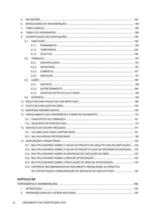 5. DEFINIÇÕES............................................................................................................................................. 184
6. MODALIDADES DE REMUNERAÇÃO...................................................................................................... 184
7. TABELA BÁSICA....................................................................................................................................... 185
8. TABELA DE HONORÁRIOS...................................................................................................................... 186
9. CLASSIFICAÇÃO DAS EDIFICAÇÕES..................................................................................................... 186
9.1. HABITAÇÃO ..................................................................................................................................... 186
9.1.1. PERMANENTE.................................................................................................................... 186
9.1.2. TEMPORÁRIA ..................................................................................................................... 186
9.1.3. COLETIVA........................................................................................................................... 186
9.2. TRABALHO....................................................................................................................................... 187
9.2.1. AGROPECUÁRIA................................................................................................................ 187
9.2.2. INDÚSTRIAS....................................................................................................................... 187
9.2.3. COMÉRCIO......................................................................................................................... 187
9.2.4. SERVIÇOS .......................................................................................................................... 187
9.3. LAZER .............................................................................................................................................. 188
9.3.1. ESPORTE ........................................................................................................................... 188
9.3.2. ENTRETENIMENTO ........................................................................................................... 188
9.3.3. ACERVOS ARTÍSTICO-CULTURAIS.................................................................................. 188
9.4. DIVERSOS........................................................................................................................................ 188
10. REDUTOR PARA PROJETOS COM REPETIÇÃO ................................................................................. 188
11. CUSTO DE EXECUÇÃO DA OBRA .......................................................................................................... 190
12. DESPESAS REEMBOLSÁVEIS ................................................................................................................ 190
13. PARCELAMENTO DE HONORÁRIOS E FORMA DE PAGAMENTO....................................................... 191
13.1. PARA EFEITO DE COBRANÇA ....................................................................................................... 191
13.2. BASEADOS EM PERCENTUAIS...................................................................................................... 191
14. SERVIÇOS DE ESCOPO REDUZIDO ...................................................................................................... 191
14.1. VALORES DAS FASES CONTRATADAS ........................................................................................ 191
14.2. SALVAGUARDAS PROFISSIONAIS ................................................................................................ 192
15. DISPOSIÇÕES TRANSITÓRIAS............................................................................................................... 192
15.1. MULTIPLICADORES SOBRE O VALOR DO PROJETO DE ARQUITETURA DA EDIFICAÇÃO..... 192
15.2. MULTIPLICADORES SOBRE O VALOR DO PROJETO A QUE SE REFEREM OS SERVIÇOS.... 192
15.3. MULTIPLICADORES SOBRE AS DESPESAS DE EXECUÇÃO DA OBRA..................................... 193
15.4. MULTIPLICADORES SOBRE A ÁREA DE INTERVENÇÃO ............................................................ 193
15.5. MULTIPLICADORES SOBRE A POPULAÇÃO DE ÁREA DE INTERVENÇÃO............................... 193
15.6. CRITÉRIOS RECOMENDADOS NO DOCUMENTO "MODALIDADE ALTERNATIVA
DE CONTRATAÇÃO E REMUNERAÇÃO DE SERVIÇOS DE ARQUITETURA"............................. 193
CAPÍTULO XIII
TOPOGRAFIA E AGRIMENSURA.........................................................................................................195
1. INTRODUÇÃO .......................................................................................................................................... 195
2. PREMISSAS BÁSICAS A SEREM ADOTADAS ....................................................................................... 195
8 ORÇAMENTO NA CONSTRUÇÃO CIVIL
 