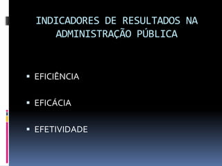 INDICADORES DE RESULTADOS NA
ADMINISTRAÇÃO PÚBLICA

 EFICIÊNCIA
 EFICÁCIA
 EFETIVIDADE

 