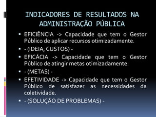 INDICADORES DE RESULTADOS NA
ADMINISTRAÇÃO PÚBLICA
 EFICIÊNCIA -> Capacidade que tem o Gestor
Público de aplicar recursos otimizadamente.
 - (IDEIA, CUSTOS)  EFICÁCIA -> Capacidade que tem o Gestor
Público de atingir metas otimizadamente.
 - (METAS)  EFETIVIDADE -> Capacidade que tem o Gestor
Público de satisfazer as necessidades da
coletividade.
 - (SOLUÇÃO DE PROBLEMAS) -

 