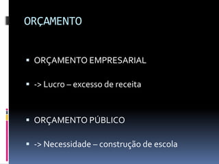 ORÇAMENTO
 ORÇAMENTO EMPRESARIAL
 -> Lucro – excesso de receita

 ORÇAMENTO PÚBLICO
 -> Necessidade – construção de escola

 