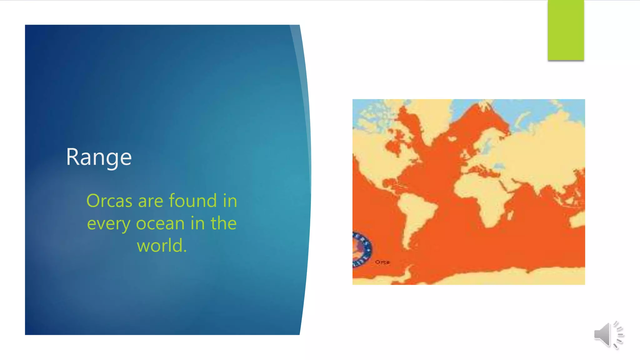 Range
Orcas are found in
every ocean in the
world.
 