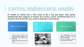 7
ORDEÑO AUTOMATIZADO
Lavar y secar el pezón y las
zonas limítrofes o limpiar con un
paño seco, antes deponer las
pezoneras.
Eliminar los primeros chorros de
leche.
Limpieza y desinfección de los
utensilios empleados para el
ordeño, de las instalaciones de
ordeño mecánico y los recipientes
que hayan estado en contacto con
la leche.
ORDEÑO MECÁNICO
Los manipuladores han de
cumplir el código de buenas
prácticas higiénicas.
El aire del establo o sala de
ordeño debe ser adecuado.
El ordeño se realiza dos o tres veces al día y hay que seguir unas pautas
establecidas para asegurar la higiene de la leche y evitar contaminaciones en el
momento de la obtención, tal y como se describe a continuación:
 