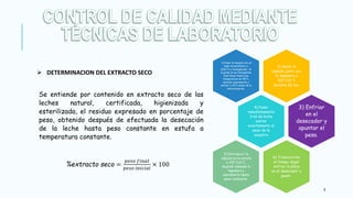 9
 DETERMINACION DEL EXTRACTO SECO
Se entiende por contenido en extracto seco de las
leches natural, certificada, higienizada y
esterilizada, el residuo expresado en porcentaje de
peso, obtenido después de efectuada la desecación
de la leche hasta peso constante en estufa a
temperatura constante.
%extracto seco =
𝑝𝑒𝑠𝑜 𝑓𝑖𝑛𝑎𝑙
𝑝𝑒𝑠𝑜 𝑖𝑛𝑖𝑐𝑖𝑎𝑙
× 100
2) Secar la
cápsula junto con
la tapadera a
102°C±2°C
durante 30 min.
1) Poner la muestra en un
baño termostático a
20±2°C y homogenizar. Si
la grasa no se homogeniza
bien llevar hasta una
temperatura de 40°C,
mezclar suavemente y
enfriar a 20°C antes de la
determinación.
4) Pesar
inmediatamente
3 ml de leche
anotar
exactamente el
peso de la
muestra
3) Enfriar
en el
desecador y
apuntar el
peso.
6) Transcurrido
el tiempo dejar
enfriar la placa
en el desecador y
pesar.
5) Introducir la
cápsula en la estufa
a 102°C±2°C,
dejando ladeada la
tapadera y
mantenerla hasta
peso constante.
 