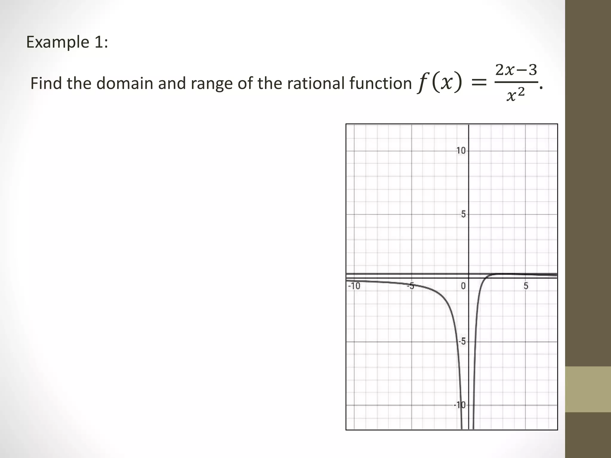 Example 1:
Find the domain and range of the rational function 𝑓 𝑥 =
2𝑥−3
𝑥2 .
 