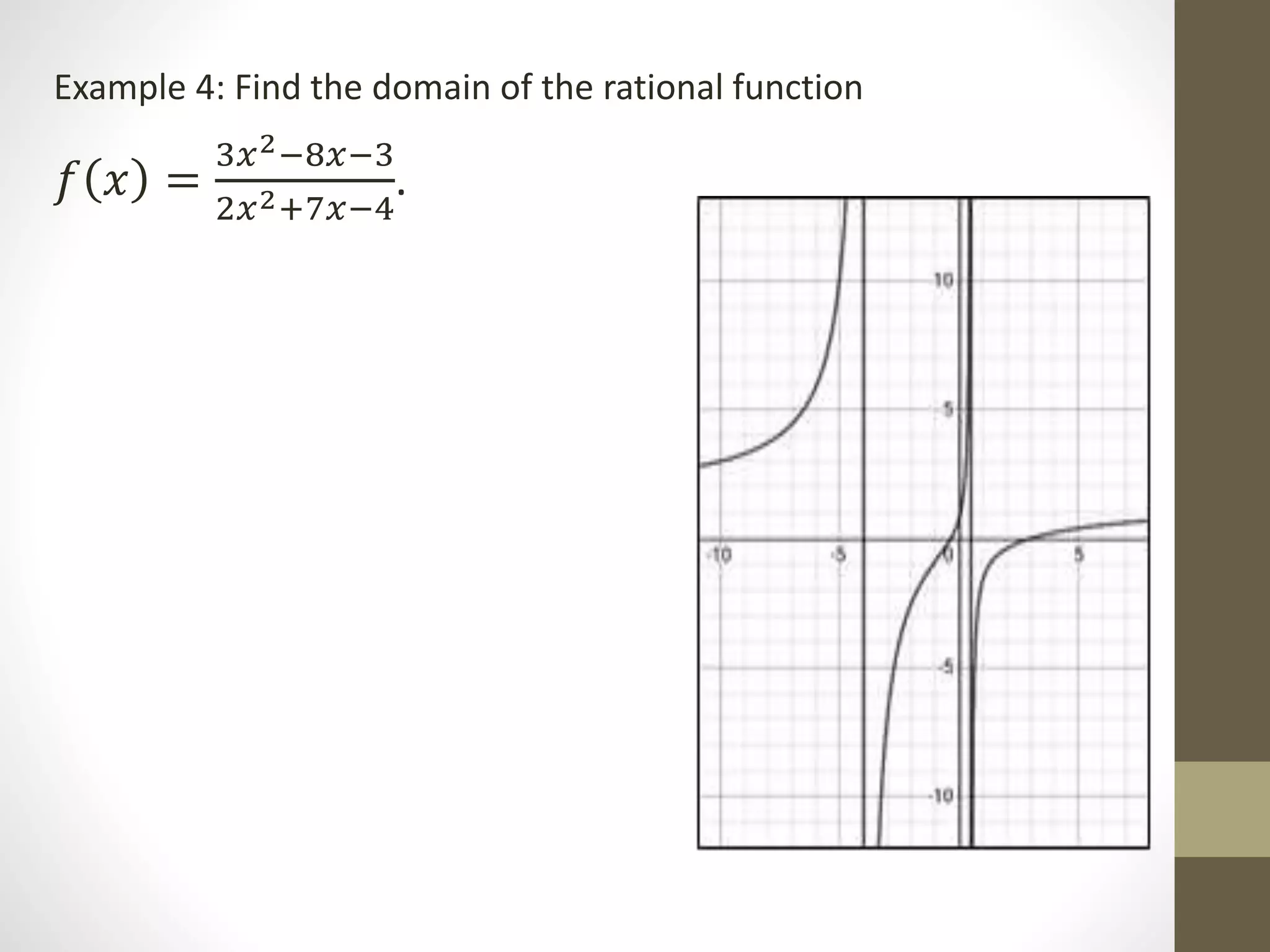 Example 4: Find the domain of the rational function
𝑓 𝑥 =
3𝑥2−8𝑥−3
2𝑥2+7𝑥−4
.
 