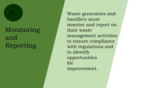 6
Monitoring
and
Reporting
Waste generators and
handlers must
monitor and report on
their waste
management activities
to ensure compliance
with regulations and
to identify
opportunities
for
improvement.
 