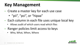 22 © Hortonworks Inc. 2011 – 2019. All Rights Reserved
Key Management
• Create a master key for each use case
• “pii”, “pci”, or “hipaa”
• Each column in each file uses unique local key
• Allows audit of which users read which files
• Ranger policies limit access to keys
• Who, What, When, Where
 