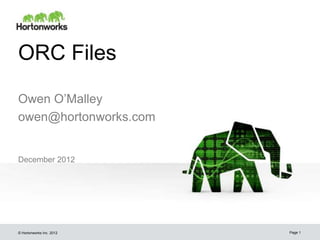 ORC Files

Owen O’Malley
owen@hortonworks.com


December 2012




© Hortonworks Inc. 2012   Page 1
 