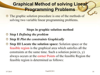 The graphic solution procedure is one of the methods of
solving two variable linear programming problems.
Steps in graphic solution method
Step I Defining the problem
Step II Plot the constraints Graphically
Step III Locate the solution space: Solution space or the
feasible region is the graphical area which satisfies all the
constraints at the same time. Such a solution point (x, y)
always occurs at the corner Points of the feasible Region the
feasible region is determined as follows:
5/7/2015 Fuad.M 2011 14
 