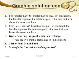 1. For "greater than" & "greater than or equal to" constraints,
the feasible region or the solution space is the area that lays
above the constraint lines.
2. For" Less Then" &" Less than or equal to" constraint, the
feasible region or the solution space is the area that lays
below the constraint lines.
Step IV Selecting the graphic solution technique
There are two graphic techniques to find solution;
a. Corner Point Method and
b. Iso-profit (or Iso-cost) method may be used
5/7/2015 Fuad.M 2011 15
 