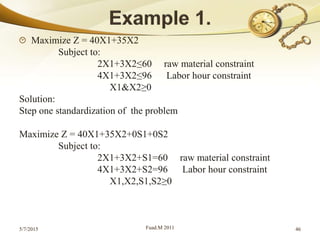 Maximize Z = 40X1+35X2
Subject to:
2X1+3X2≤60 raw material constraint
4X1+3X2≤96 Labor hour constraint
X1&X2≥0
Solution:
Step one standardization of the problem
Maximize Z = 40X1+35X2+0S1+0S2
Subject to:
2X1+3X2+S1=60 raw material constraint
4X1+3X2+S2=96 Labor hour constraint
X1,X2,S1,S2≥0
5/7/2015 Fuad.M 2011 46
 