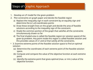 Steps of Graphic Approach
1. Develop an LP model for the given problem
2. Plot constraints on graph paper and decide the feasible region
a) Replace the inequality sign in each constraint by an equality sign and
determine the (x1,x2) coordinates points
b) Draw these straight lines on the graph and decide the area of feasible
solutions according to the inequality sign of the constraint.
c) Shade the common portion of the graph that satisfies all the constraints
simultaneously drawn so far.
d) The final shaded area is called the feasible region (or solution space) of the
given lp problem. Any point inside this region is called feasible solution and
this provides values of x1 and x2 that satisfy all the constraints.
• 3. Examine extreme points of the feasible solution space to find an optimal
solution
(a) Determine the coordinates of each extreme point of the feasible solution
space.
(b) Compute and compare the value of the objective function at each extreme
point.
(c) Identify the extreme point that gives optimal (max. or min.) value of the
objective function.
 