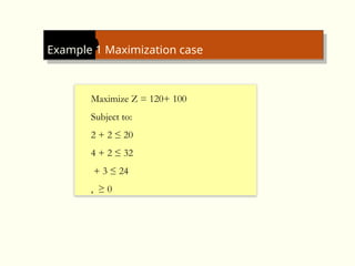 Example 1 Maximization case
Maximize Z = 120+ 100
Subject to:
2 + 2 ≤ 20
4 + 2 ≤ 32
+ 3 ≤ 24
, ≥ 0
 
