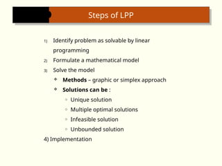 1) Identify problem as solvable by linear
programming
2) Formulate a mathematical model
3) Solve the model
 Methods – graphic or simplex approach
 Solutions can be :
o Unique solution
o Multiple optimal solutions
o Infeasible solution
o Unbounded solution
4) Implementation
Steps of LPP
 