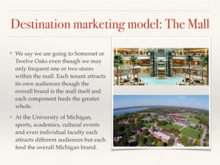 Destination marketing model: The Mall
❖ We say we are going to Somerset or
Twelve Oaks even though we may
only frequent one or two stores
within the mall. Each tenant attracts
its own audiences though the
overall brand is the mall itself and
each component feeds the greater
whole.
❖ At the University of Michigan,
sports, academics, cultural events
and even individual faculty each
attracts different audiences but each
feed the overall Michigan brand.
 