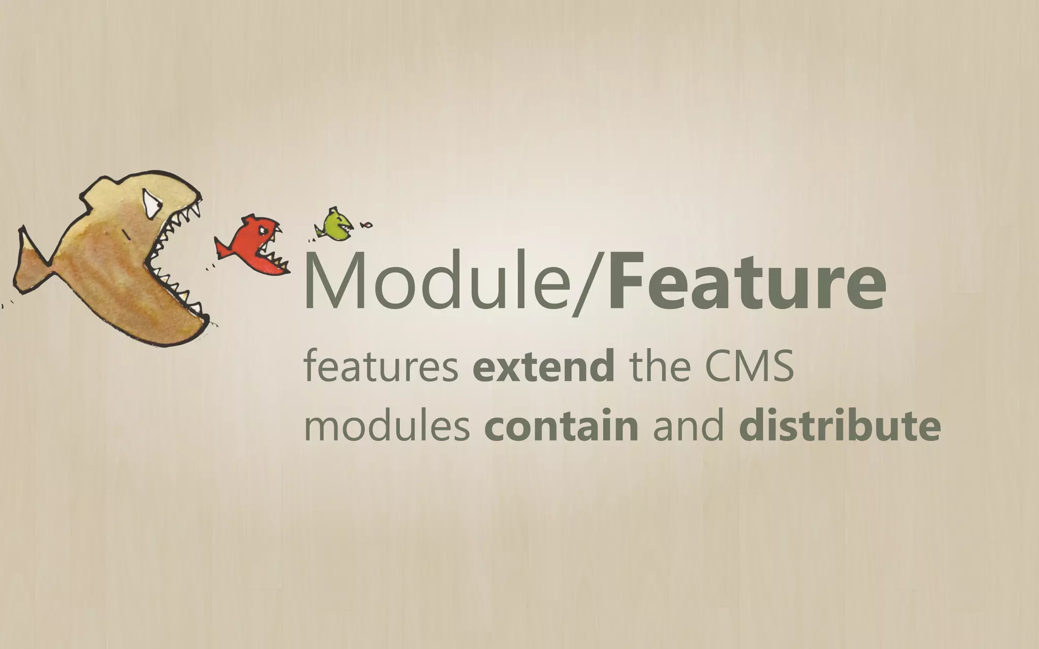 Module/Feature
features extend the CMS
modules contain and distribute

 