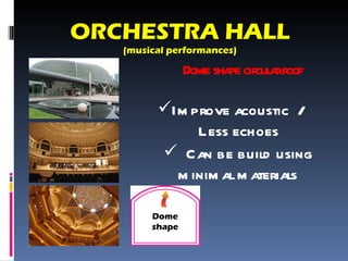 ORCHESTRA HALL (musical performances) Dome shape circular roof ,[object Object],[object Object],Dome shape Dome shape 