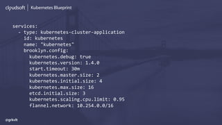 Kubernetes Blueprint
services:
- type: kubernetes-cluster-application
id: kubernetes
name: "kubernetes"
brooklyn.config:
kubernetes.debug: true
kubernetes.version: 1.4.0
start.timeout: 30m
kubernetes.master.size: 2
kubernetes.initial.size: 4
kubernetes.max.size: 16
etcd.initial.size: 3
kubernetes.scaling.cpu.limit: 0.95
flannel.network: 10.254.0.0/16
@grkvlt
 