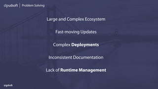 Problem Solving
Large and Complex Ecosystem
Fast-moving Updates
Complex Deployments
Inconsistent Documentation
Lack of Runtime Management
@grkvlt
 