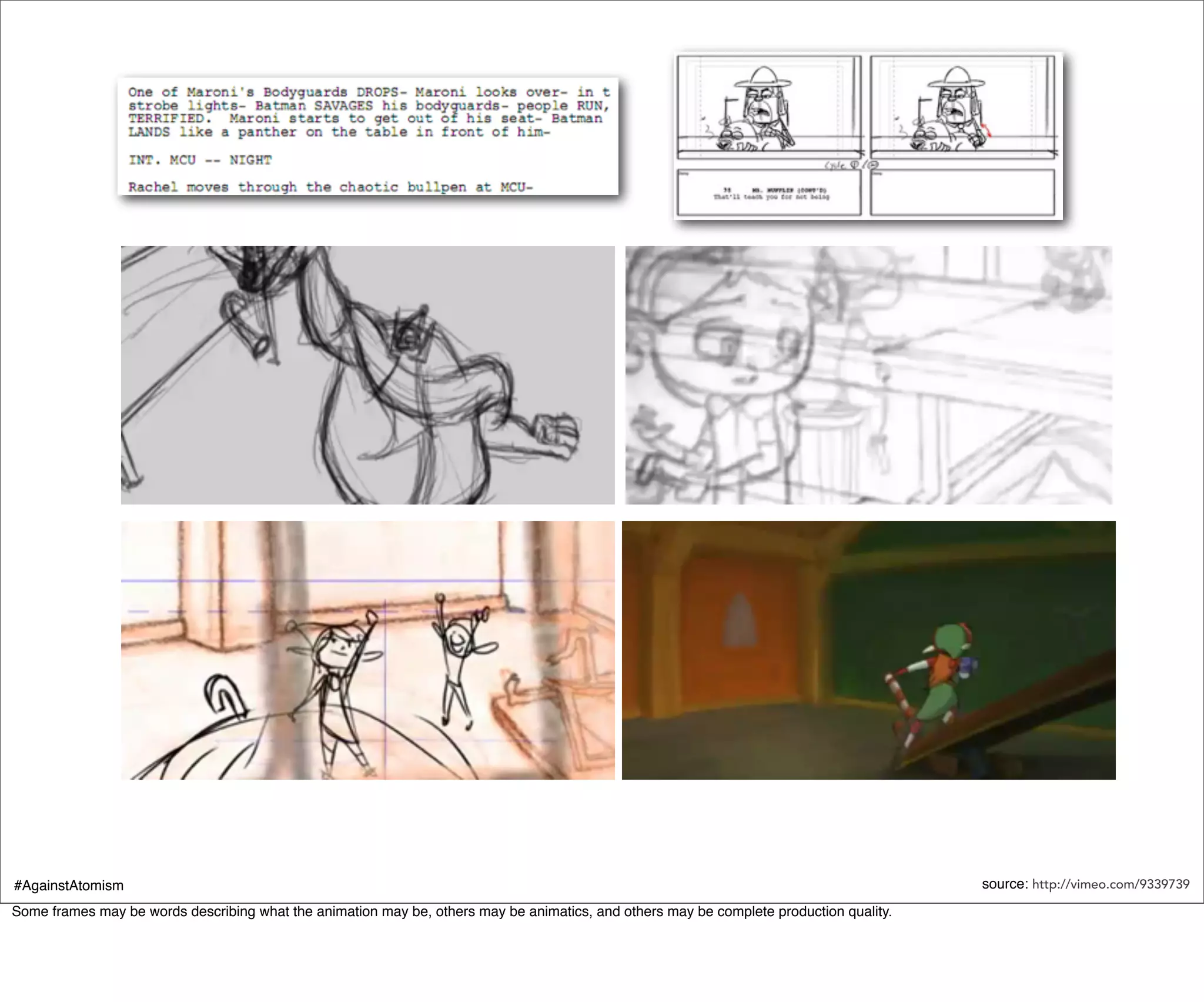 #AgainstAtomism                                                                                                                          source: http://vimeo.com/9339739
Some frames may be words describing what the animation may be, others may be animatics, and others may be complete production quality.
 