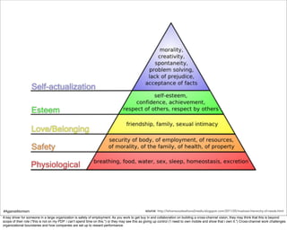 #AgainstAtomism                                                                                   source: http://lsilverwoodwaltona2media.blogspot.com/2011/05/maslows-hierarchy-of-needs.html
A key driver for someone in a large organization is safety of employment. As you work to get buy in and collaboration on building a cross-channel vision, they may think that this is beyond
scope of their role (“this is not on my PDP. i can’t spend time on this.”) or they may see this as giving up control (“i need to own mobile and show that i own it.”) Cross-channel work challenges
organizational boundaries and how companies are set up to reward performance.
 