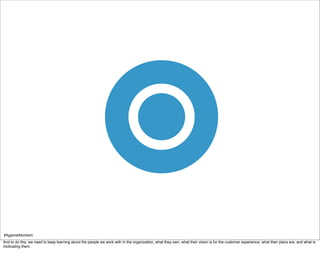 #AgainstAtomism
And to do this, we need to keep learning about the people we work with in the organization, what they own, what their vision is for the customer experience, what their plans are, and what is
motivating them.
 