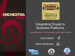 Integrating Drupal to
       Business Platforms
Considerations, Techniques, and Opportunities


           Chris Strahl

      Brad Windecker
 